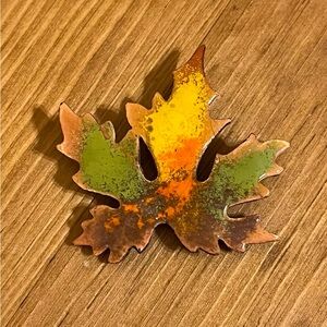 Vintage copper tone leave with orange yellow green enamel  rollover clasp 1 1/2”